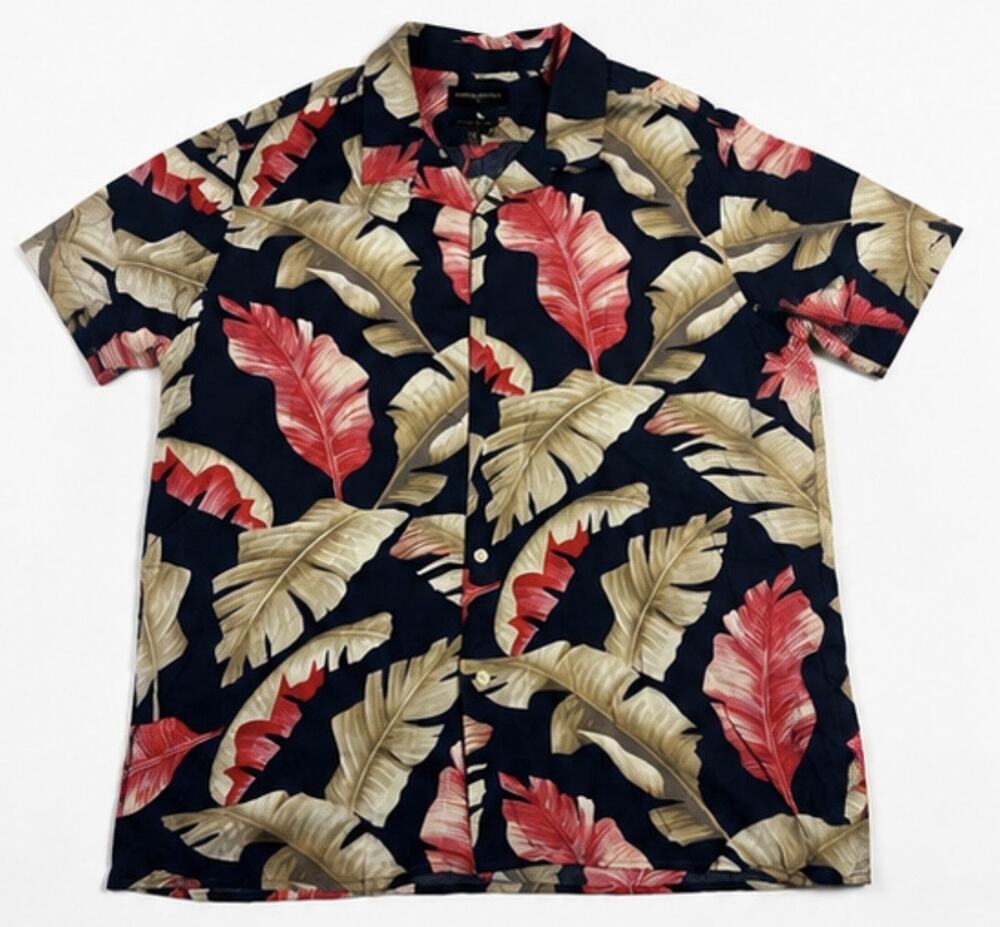 Banana Republic XL Tropical Hawaiian Camp Shirt Navy Leaf Print Viscose